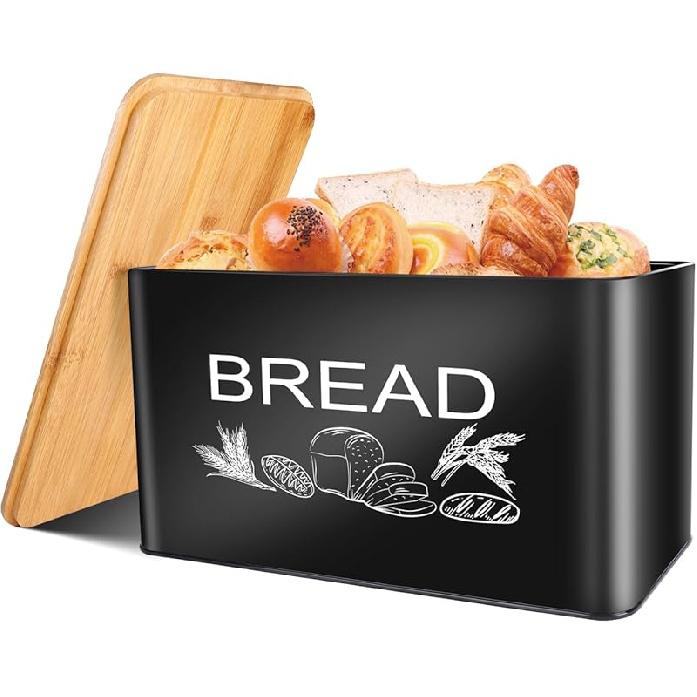 JIGUOOR Black Bread Box, Large Space Saving Vertical Metal Bread Box with Wooden Cutting Board Lid, Holds 2+ Loaves, Farmhouse Bread Bins Kitchen