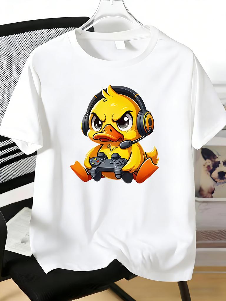 Unisex Red Round Neck Short Sleeve T Shirt Cartoon Gaming Duck With Headset Controller Print Soft Cotton Summer Casual Street Top