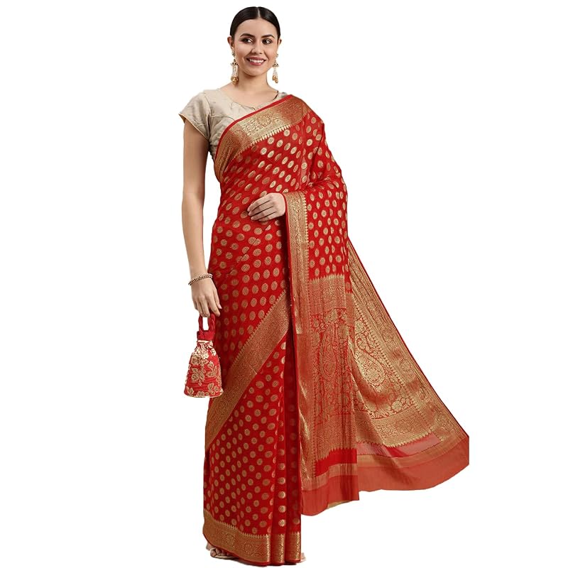 RANI SAAHIBA Women' Georgette Silk Resham Woven Saree With Blouse Piece (SSKR10187 Red)