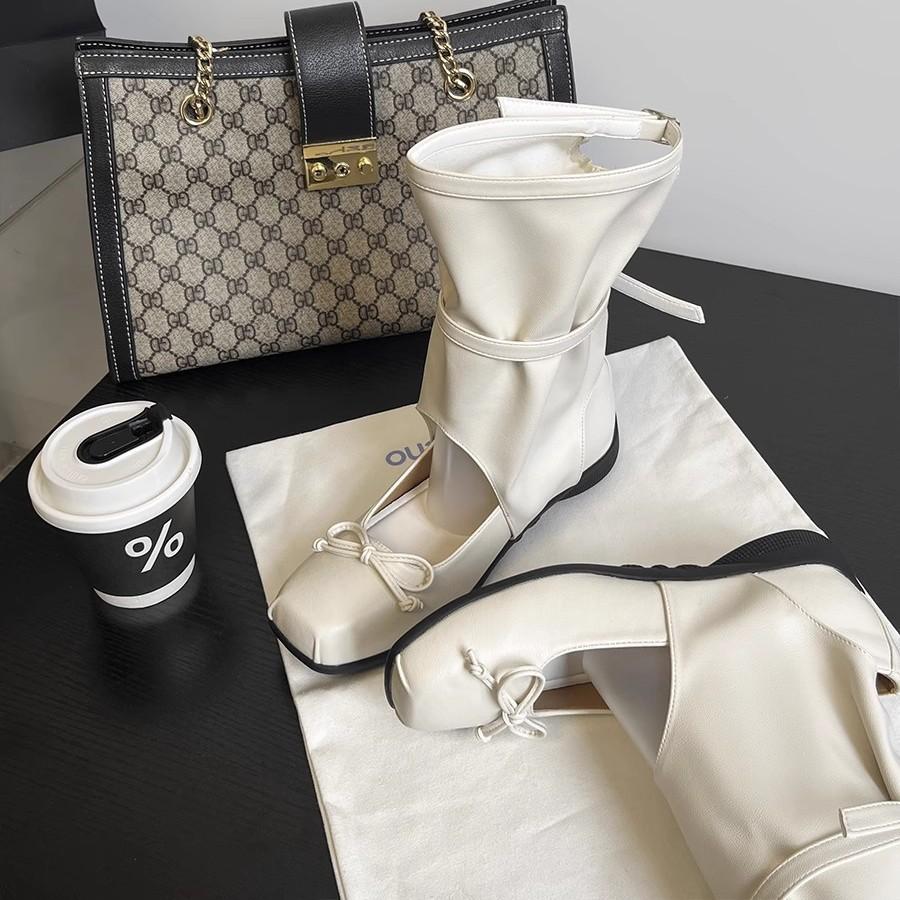 Ballet Style Square Head Cool Boots Women's Thick Heel Thick Bottom Hollow Bow Niche Design Fashionable Short Boots