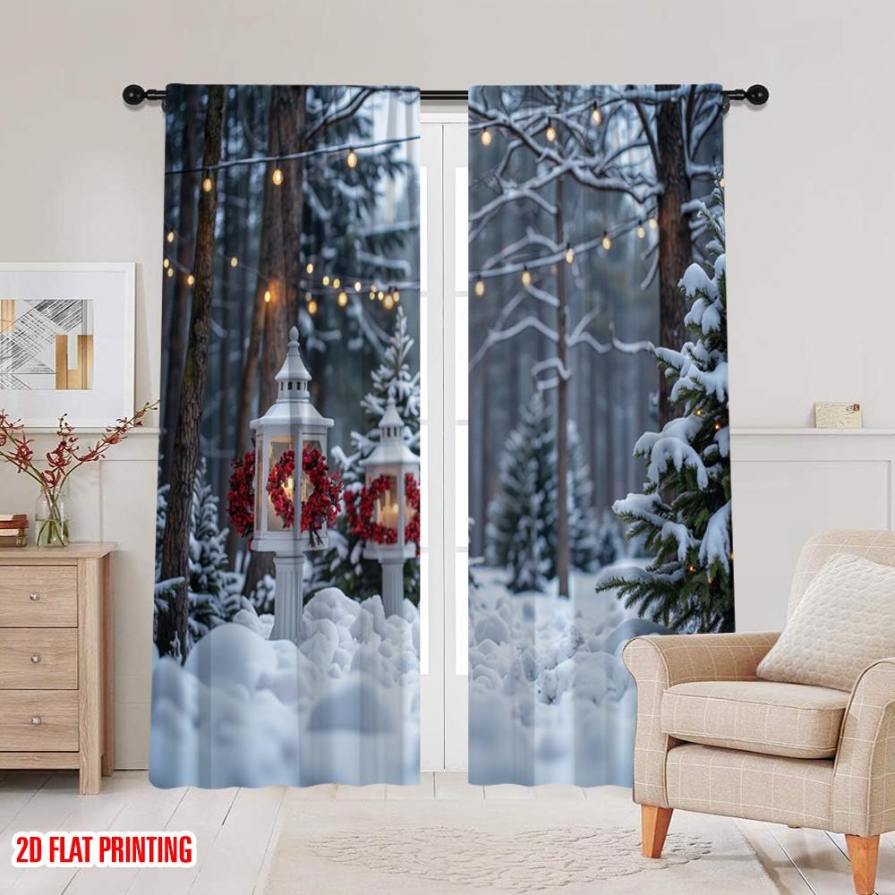 Flat Printing Christmas Curtain Winter Forest Polyester Without Electricity Family Party Use Holiday Set Of 2 Made Washable