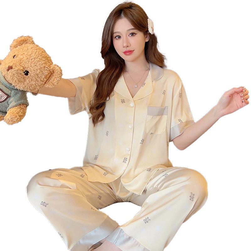Cute Bear Pajamas Women'S Summer Short-Sleeved Trousers Imitation Silk Spring High-End Loungewear Thin Suit