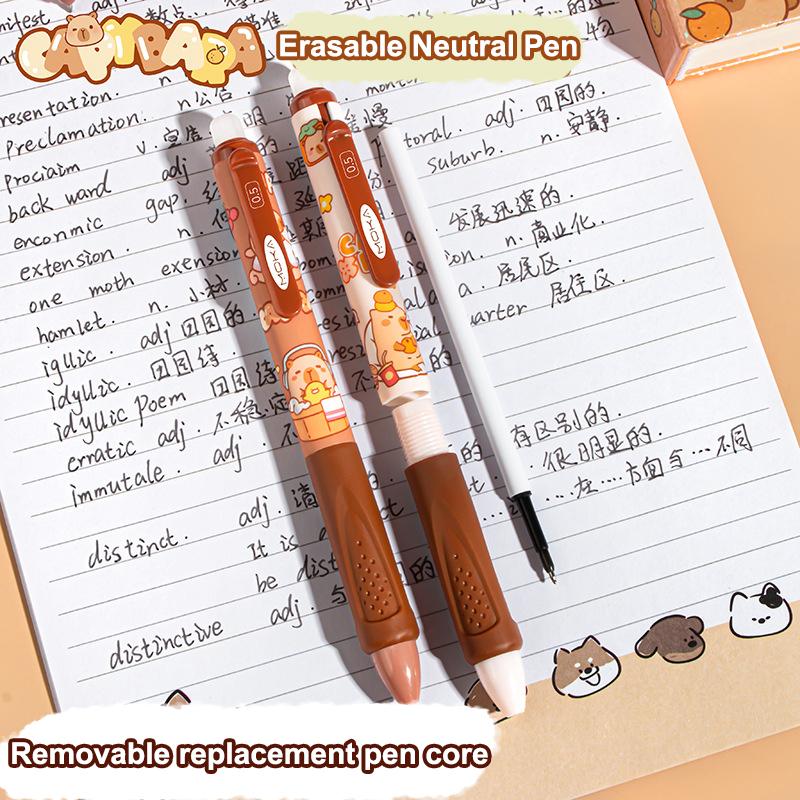 4 ks Roztomilé kreslené mazatelné pero s kapybarou a pandou Píše hladce Rychleschnoucí pera Studentské psací potřeby Kancelářské potřeby Dárky