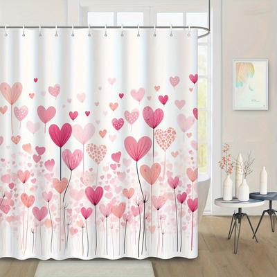 Romantic Heart Floral Art Shower Curtain, 12 Hooks, Water-Resistant Polyester Bathroom Partition for Valentine's Day Decor
