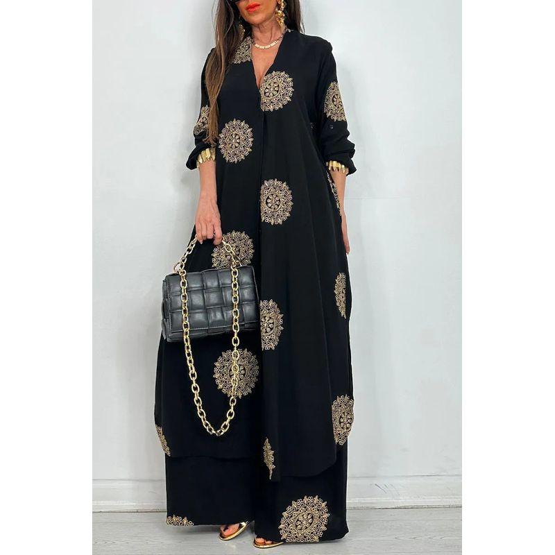 

Middle East Dubai Women Loose Long Print Robe Top Wide Leg Pants Two-piece Set Black XXL