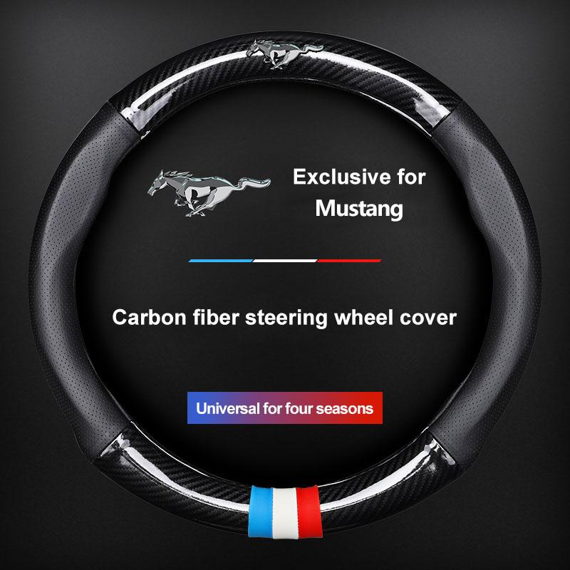 1Pcs Leather Carbon Fiber Car Steering Wheel Cover Emblem For Ford Mustang SHELBY GT 500 350 Convertible V Mach e Rainproof 2015 2017 2018 2021 2022