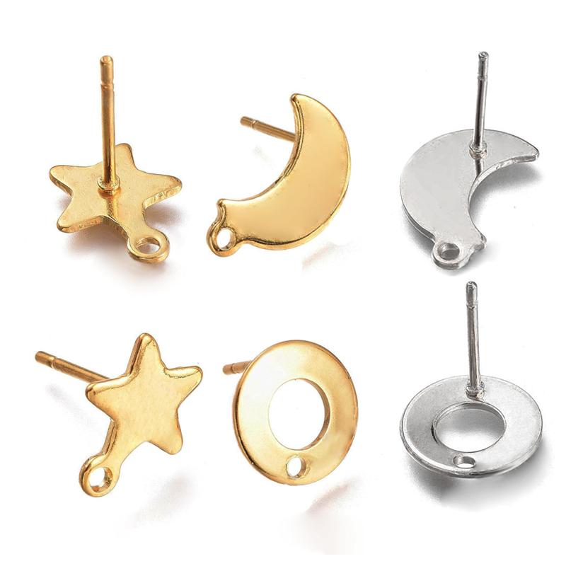 10pcs Gold Color Stainless Steel Moon Star Ear Studs for Earrings Jewelry Making DIY Hole Dangle Charm Earrings Base Accessories