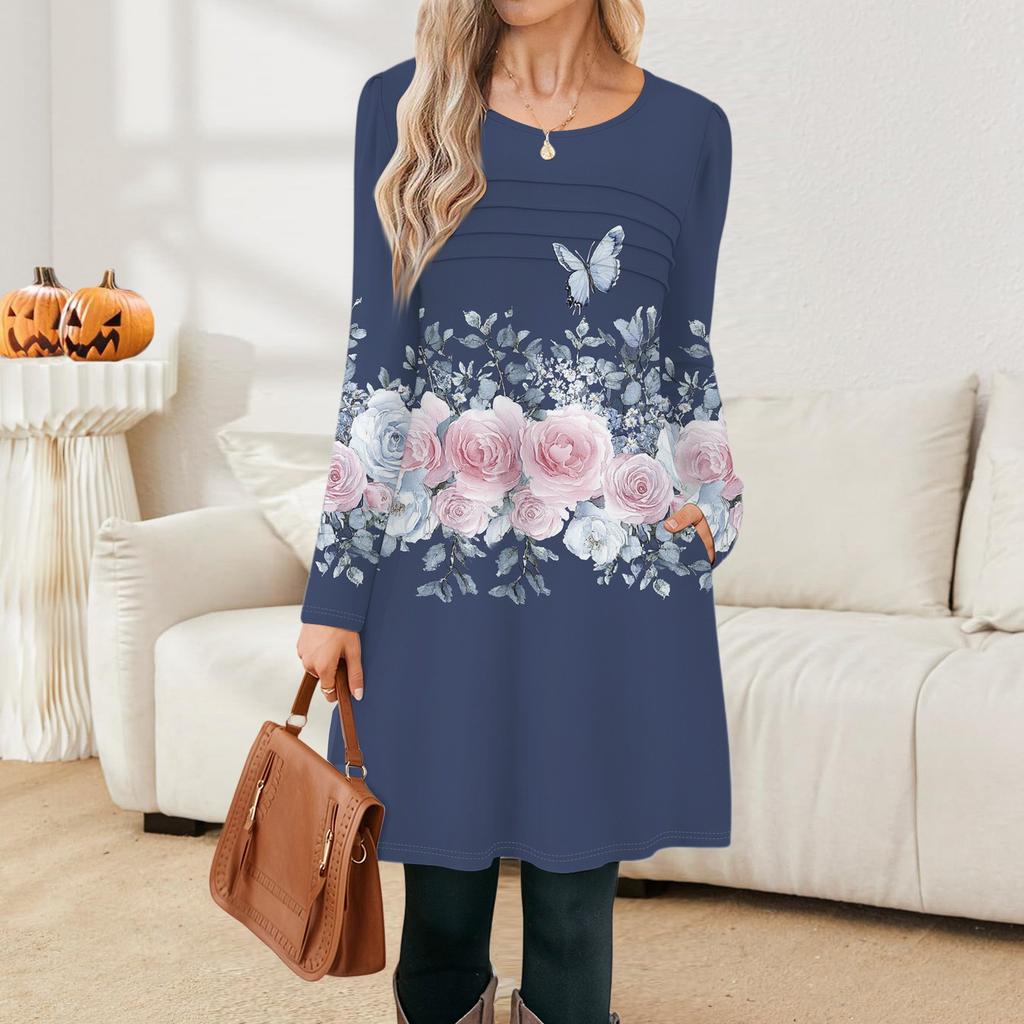 Women's Casual Fashion Long Sleeve Graphic Printed Vintage Dresses With Pockets