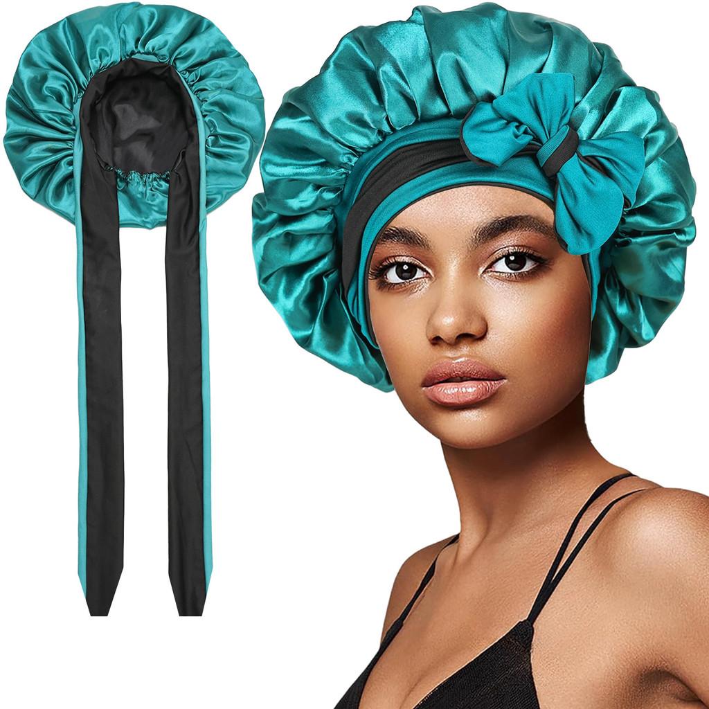 Polyester Double Layer Satin Sleep Cap With Bow Tie For Women And All Seasons Comfort