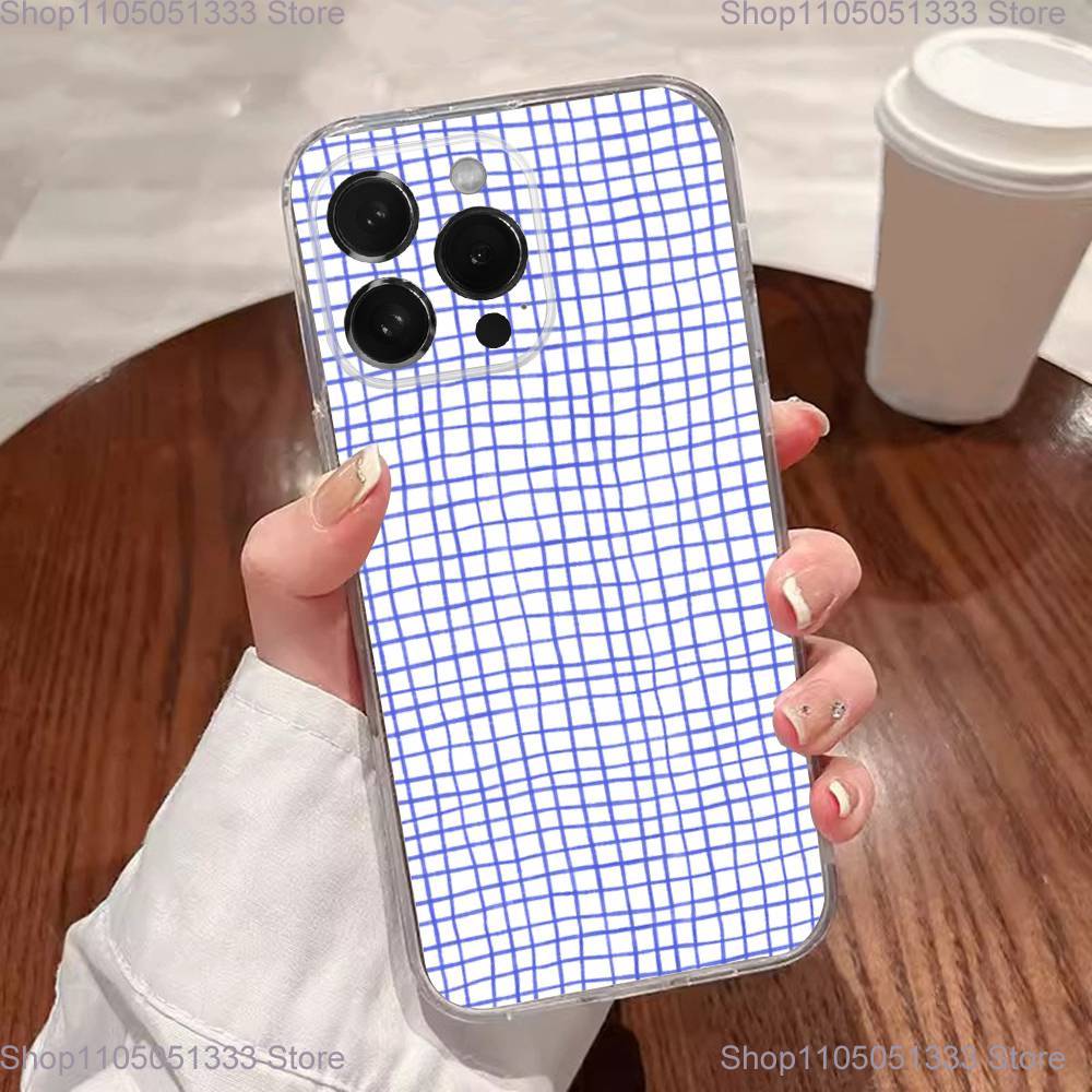Ins Korean Blue Striped Grid Phone Case For iPhone 17,16,15,14,13,12,11 Plus,Pro,Max,XR,XS,Plus,E,SE4,Mini Transparent Cover