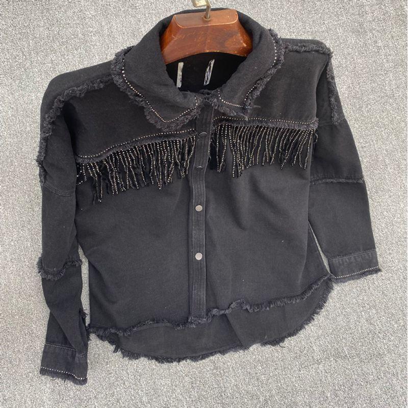 

A707 Испания Свободная джинсовая куртка с необработанным краем Black XS