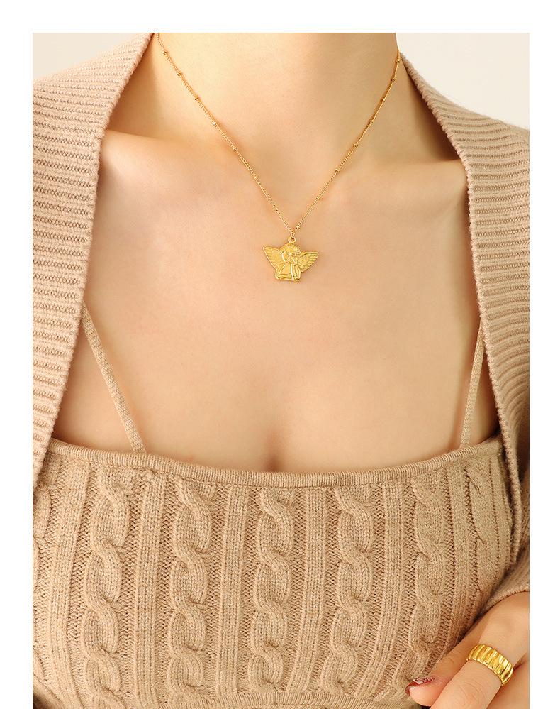 Women's 18K Gold Angel Pendant Necklace - European & American Hip Hop Style, Titanium Steel Clavicle Chain