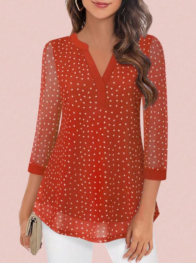 Women's European & American V-neck 3/4 Sleeve Printed Chiffon Loose Plus Size Top