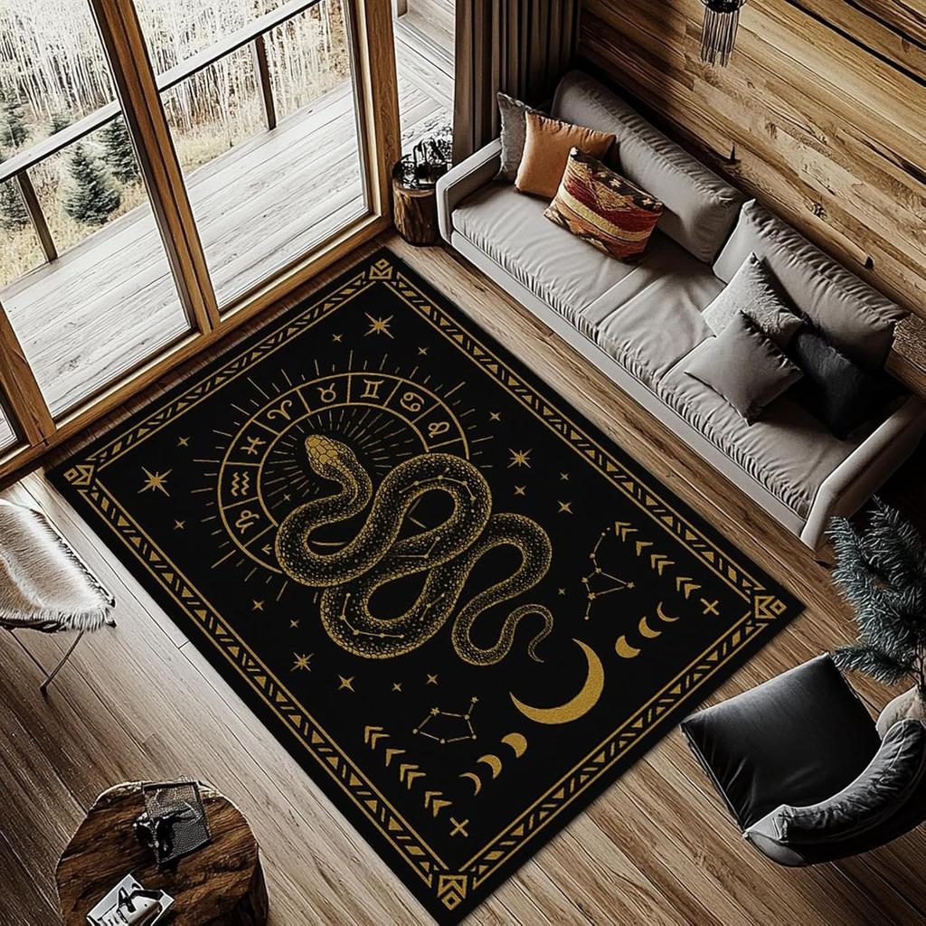 Nordic Style Living Room Carpet Black Gold Mysterious Snake Pattern Bedroom Rug Machine Washable Non-slip Coffee Table Mat Tapis