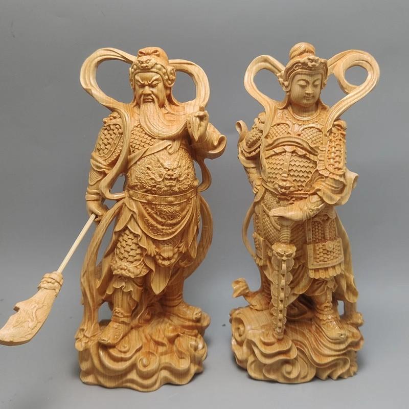 Natural Solid Wood Guan Gong Statue, Wei Tuo Protectors, Home Carving, Office, Feng Shui Figure