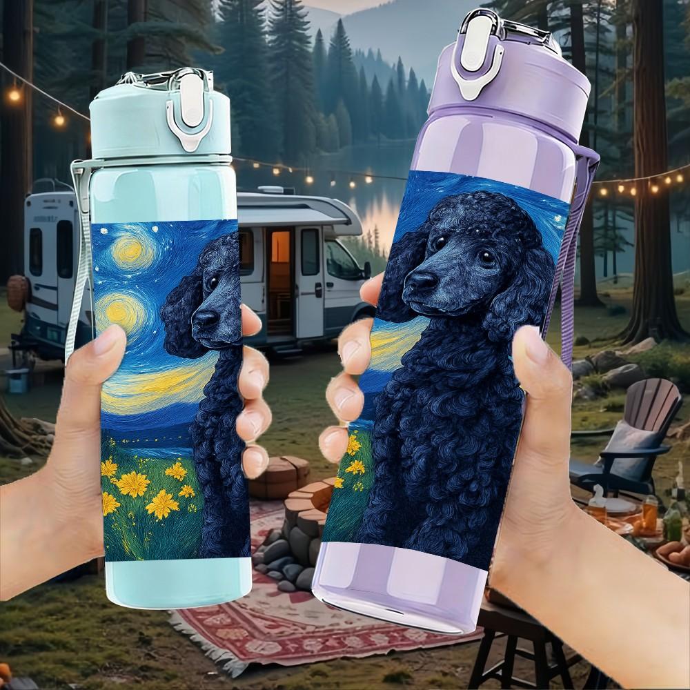 1PC Van Gogh Starry Night Poodle Dog 750ml Color Plastic Sports Water Bottle Leakproof Flip Straw Lid Suitable for Sports Office Home Use