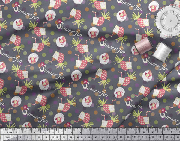 Soimoi Japan Crepe Satin Fabric Dot,Parrot & PineJuice Summer Designs Fabric Prints By Metre 42 Inch