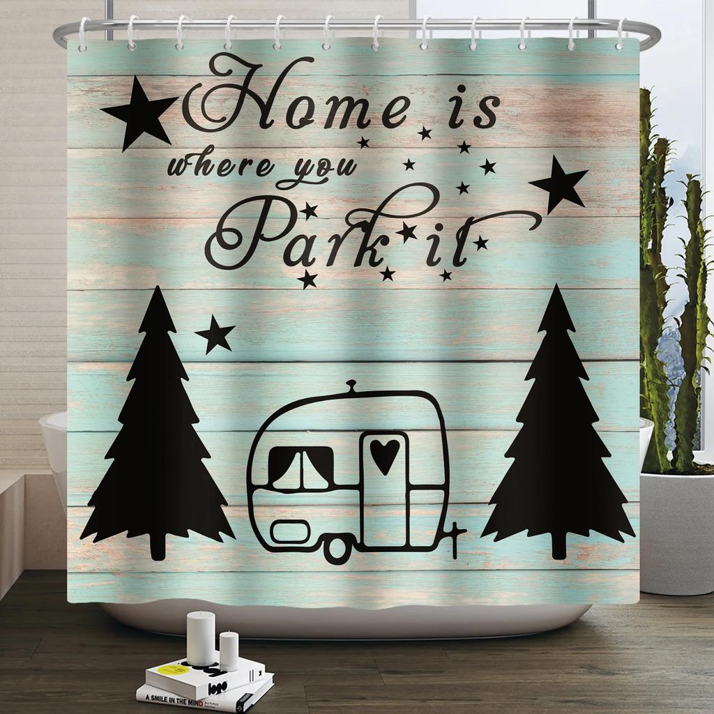 Camper Shower Curtain Happy Camper Trailer Car Rv Forest Mountain Tent Camping Bathroom Shower Curtain Waterproof Bath Curtain