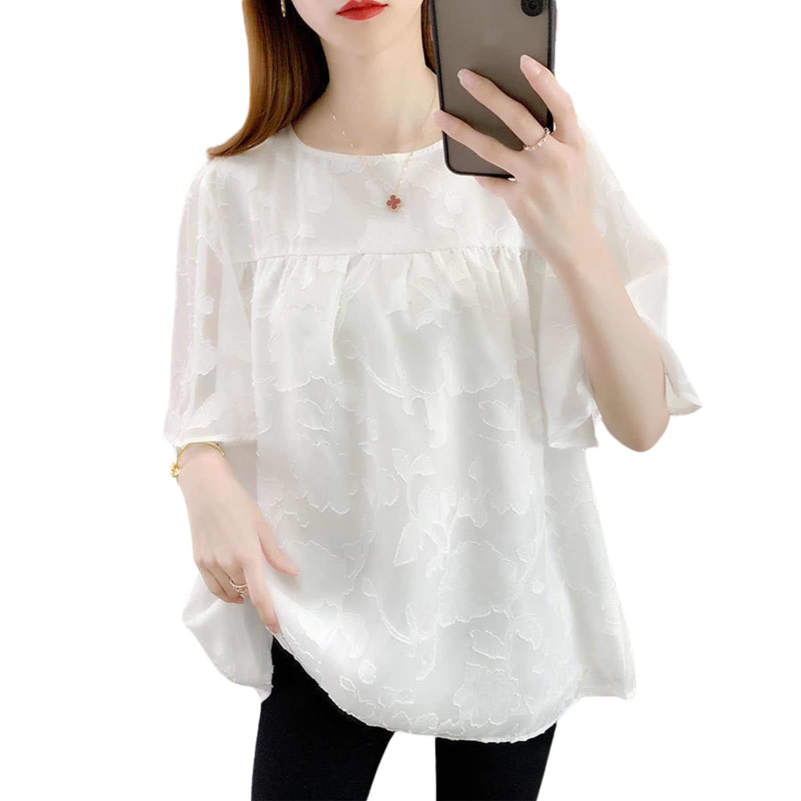 

Блузки для кружева с коротким рукавом, стильные, большие, свободные, с цветочным принтом, крой и круглый корейский [Augseed] Женщины, Рубашки, Блузки, Футболки, Шифон, Топы, Размеры, белый