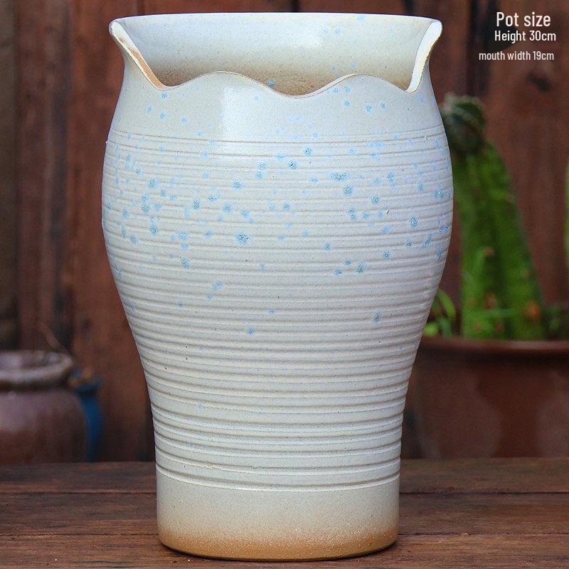 Large Handmade Coarse Pottery Succulent Flower Pot with Shallow Cut Opening