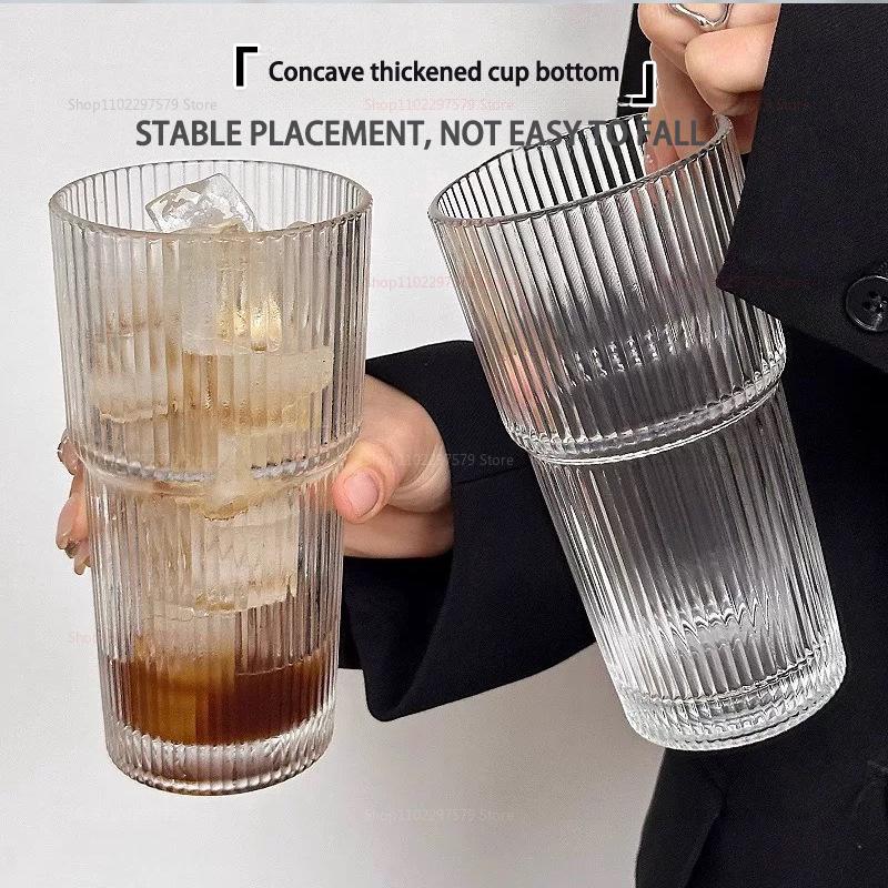 Große Kapazität Kaltgetränkebecher mit Deckel und Strohhalm vertikal gestreiftes Glas Wasserbecher Kaffeetasse stilvoller Trinkbecher