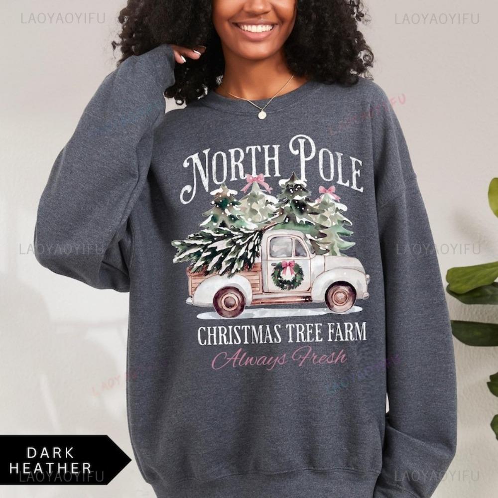 

Толстовка «Ферма рождественских елок на Северном полюсе» Ностальгическая рождественская графика Худи Пуловер Повседневная мода Мягкая Удобная Популярная XL