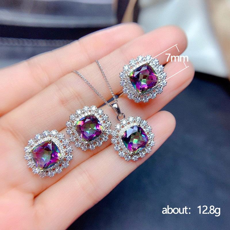 Silver Plated 4PCS Blue CZ Jewelry Set (Necklace+Earrings+Ring), Cushion Cut Halo Box Chain Set for Women