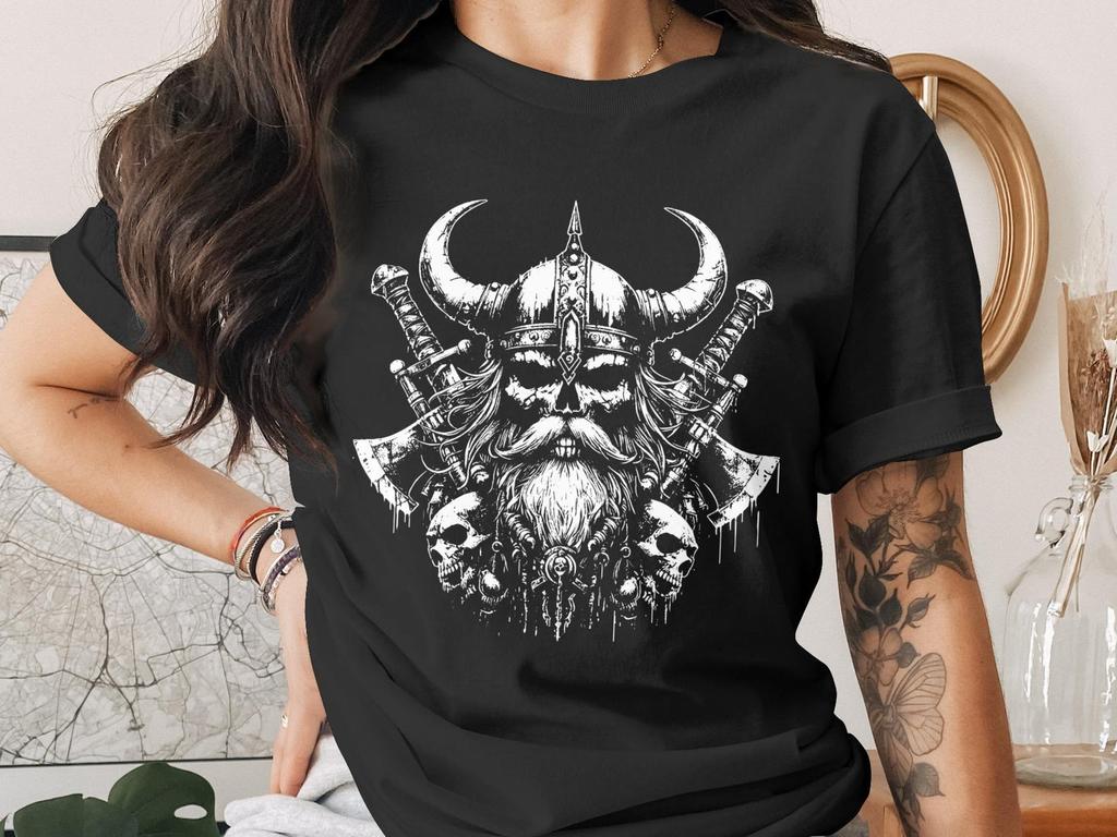 Viking Skull T-Shirt, Norse Warrior Graphic Tee, Heavy Metal Skull Shirt, Horned Helmet Axe Design, Dark Fantasy Pagan Goth Gift