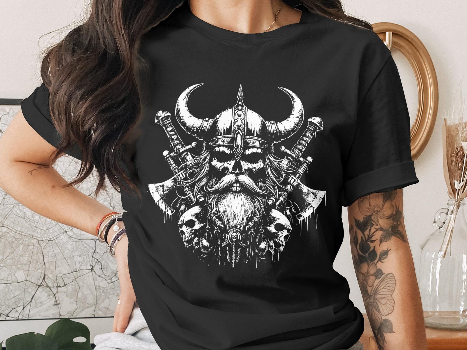 Viking Skull T-Shirt, Norse Warrior Graphic Tee, Heavy Metal Skull Shirt, Horned Helmet Axe Design, Dark Fantasy Pagan Goth Gift M
