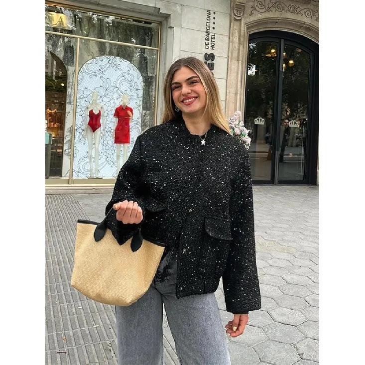Women's Sequined Bomber Jacket Fall O Neck Long Sleeve Pocket Stretch Hem Sequins Jacket Coat Female Chic Outerwear