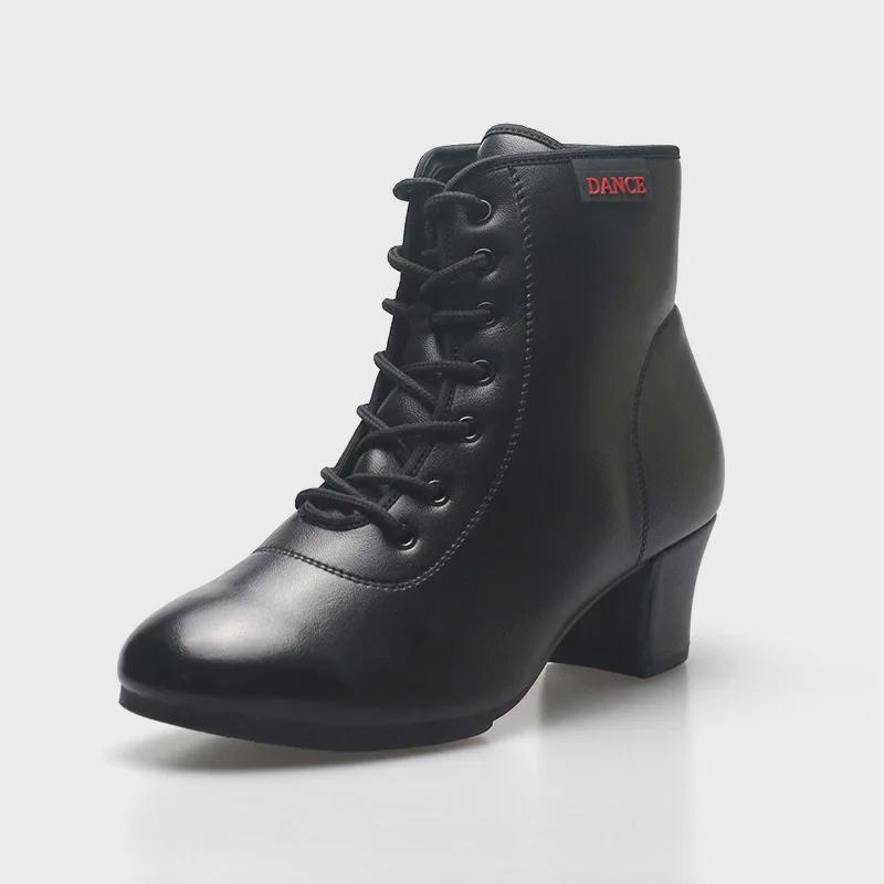 Women's Square Dance Shoes: Medium/High Heels, High Tops, Soft Sole, Embossed Leather, Ideal for Middle-aged/Elderly, Perfect for Autumn/Winter.