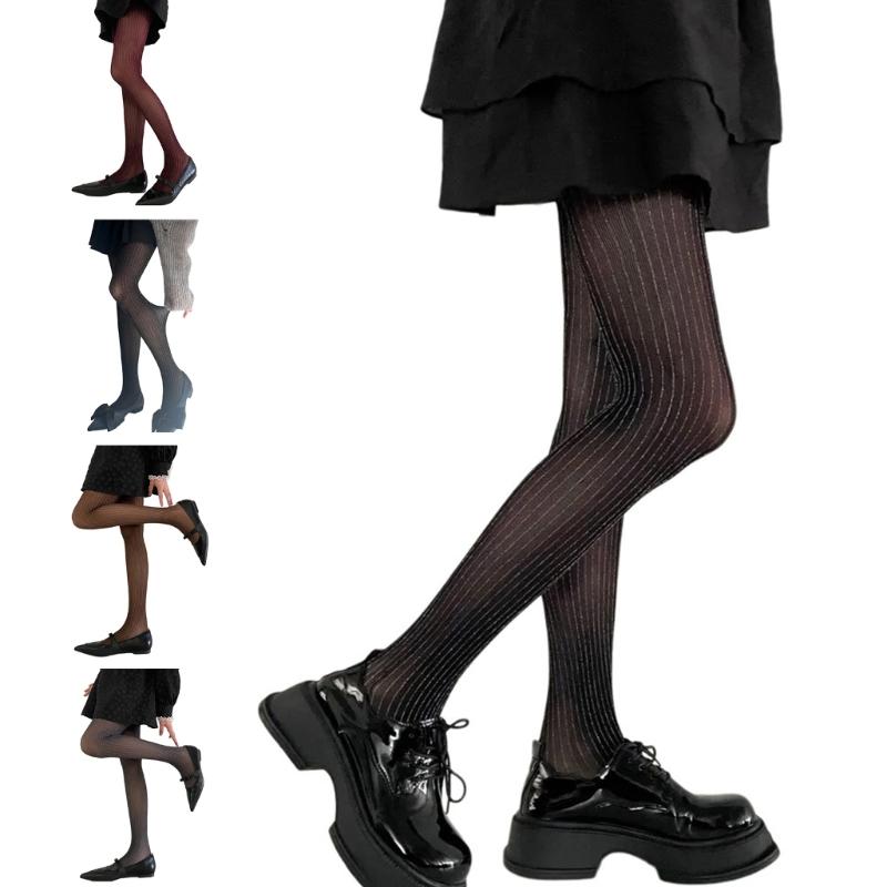 Women Thin Colored Stockings Shimmering Striped Sexy Semi Sheer Pantyhose Tights