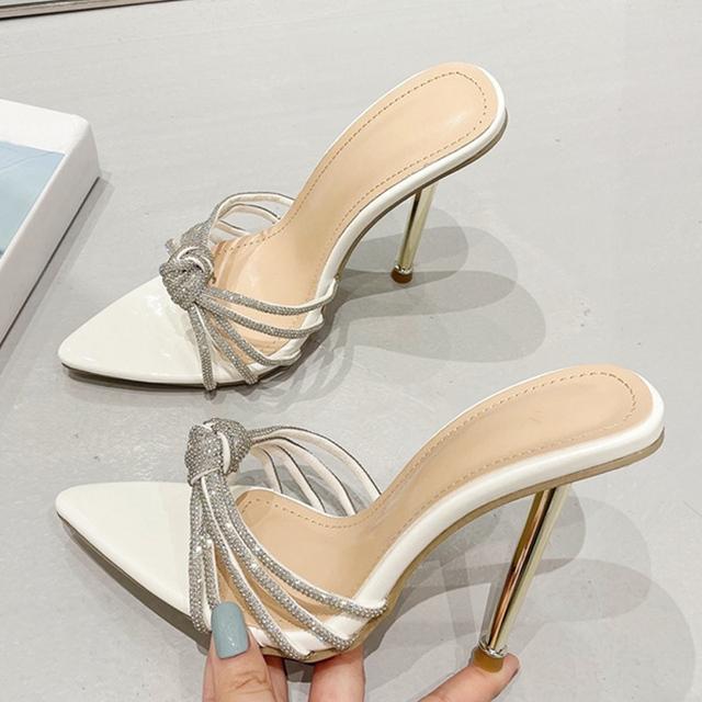 

Новые пикантные туфли-лодочки с острым носком на тонком высоком каблуке, тапочки со стразами, летние модные шлепанцы без шнуровки, женские туфли без каблуков, вечерние туфли, сандалии 41 белый