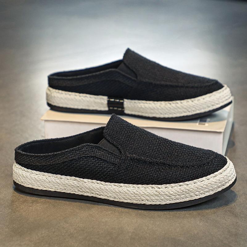 

Мужская повседневная обувь Слипоны Легкие лоферы Полушлепанцы Мужские сандалии Дышащие парусиновые Эспадрильи из льняной ткани Летние 39 чёрный