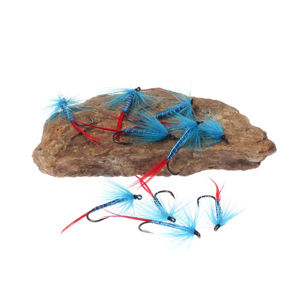 Bimoo 4# Blue Red Silver-Butcher Fly Rooster Hackle Realistic May Fly Adult Nymph for Trout Grayling Fishing Lures