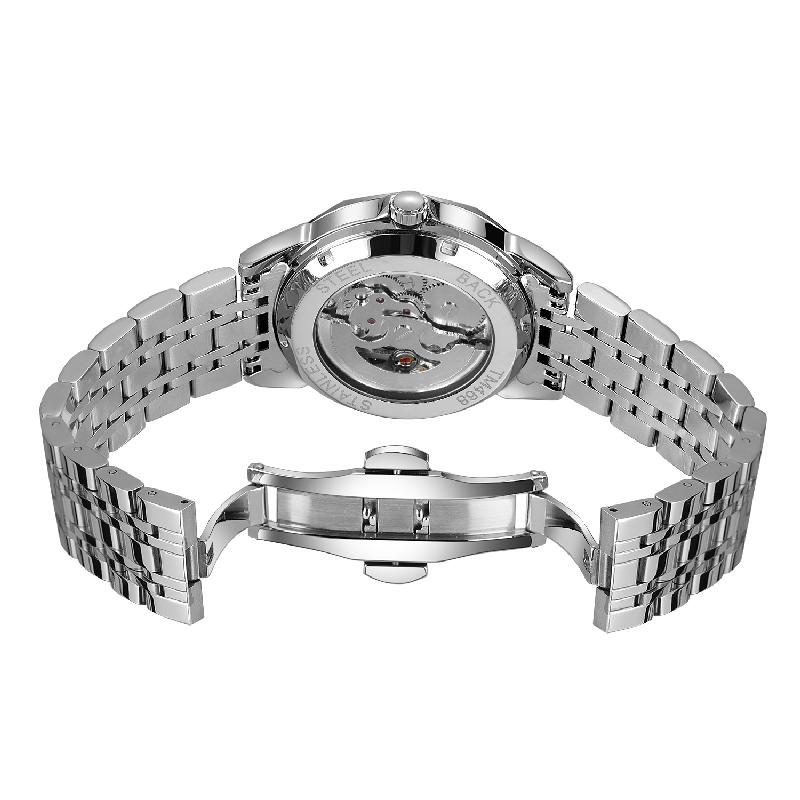 New Skeleton Automatic Mechanical Men Wrist Watches Diamond Cut Crystal Luxury Solid Stainless Steel Band Deployment Clasp