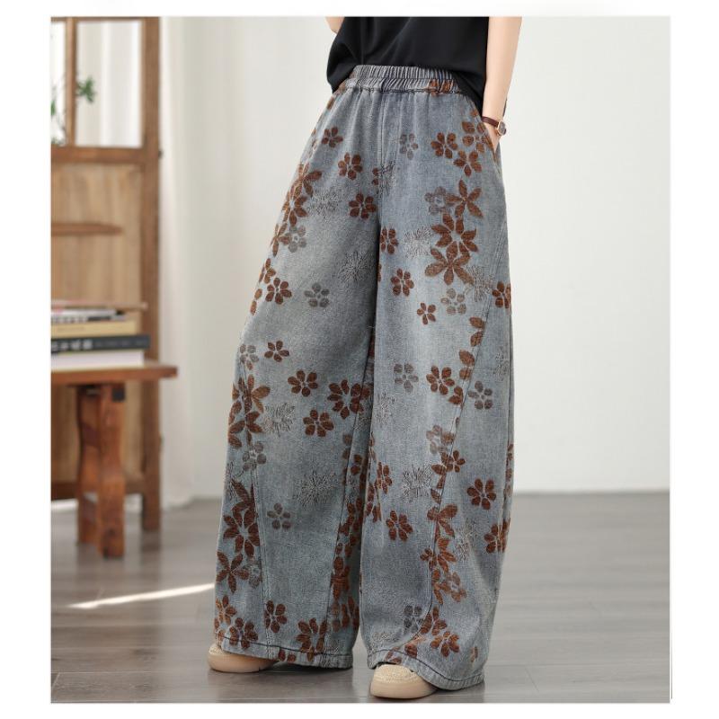 DIMANAF 2026 Summer New Plus Size Women Jeans Vintage Floral Elastic Waist Long Pants Loose Casual Denim Cotton Trousers Pants