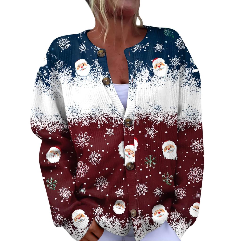 Women's Fashion Christmas Printed Long Sleeve Knitted Cardigan Button Down Jacket