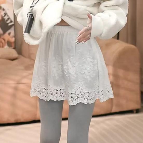 Women Shirt Extender Elastic High Waist Hollow Embroidery Lace Flower Pattern Mini Skirt Solid Color Butt Curtain Extension