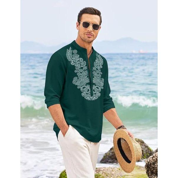 Herren Baumwollmischung Kurzer Kurta mit langen Ärmeln und ethnischem Halsausschnittdesign | Lässiger Knitterstruktur-Kurta mit Stehkragen