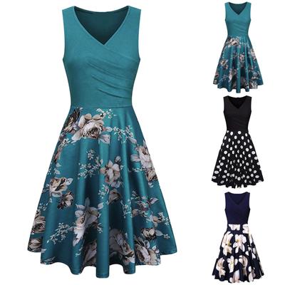 Women's Casual Fashion Print Sleeveless Vest V-Neck Knee-Length Party Dress