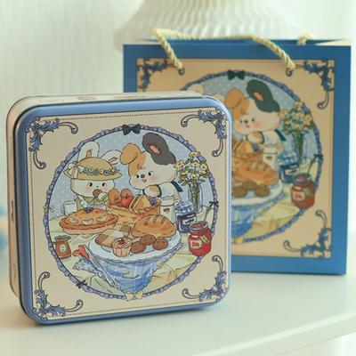 Cartoon-Kaninchen Blechdose Mehrfarbig 17*17*6cm Metall-Aufbewahrungsbox Quadratisch mit Deckel Keksdose Tee Süßigkeiten Kekse Kuchen Biskuits