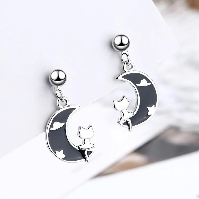Cute Female Earrings  Sterling Silver Drop Glue Moon with Unique Cat Earrings for Women Wedding  Girls Gift Bijoux