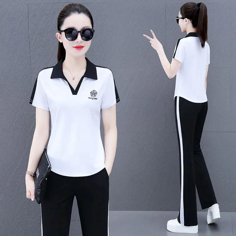 Casual Sportswear Suit for Women, Summer Style, Age-reducing Short-sleeved Sweatshirt, Straight Pants Two-piece Set