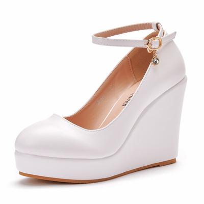 Thick-soled Wedge Single Shoes One-liner Strap White Round Toe Waterproof Platform Wedge Women's Shoes Wedge Wedding Shoes