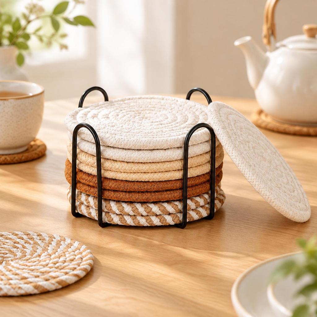 8 Pieces Braided Coaster Washable Set with Metal Storage Rack Reusable Thread Warming Mat