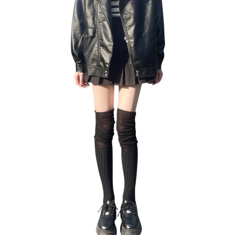 Japanese Women Elastic Over Knee Socks Student Slouch Top Rib Knit Long Stocking