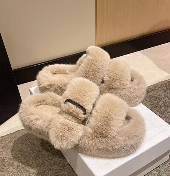Fashion Fairy Girls Fur Pantuflas Women Big Size 42/43 Shoes Winter White Wool Slides Home Flats Platform Loafers Buckle Strap Sandals
