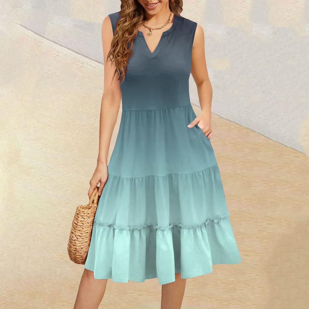 Women's Summer V-Neck Casual Pleated Ruffle Gradient Sleeveless Dresses