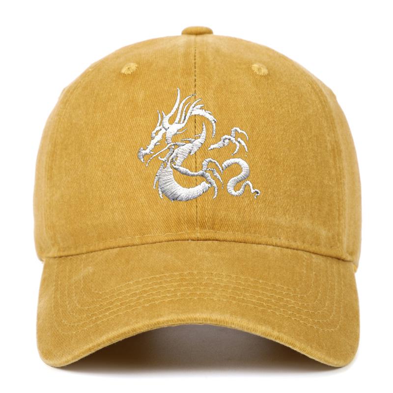 European Dragon Embroidery Vintage Washed Cotton Baseball Cap